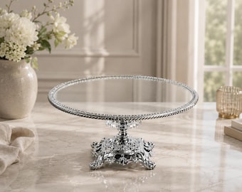 Vintage Engraved Pedestal Cake Stand, Ottoman Style Footed Serving Tray, Ornate Metal Cupcake Platter, Luxury Centerpiece Display Plate