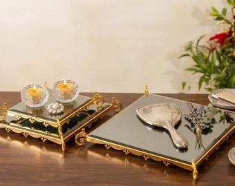 Set di vassoi con specchio oro e argento, organizer decorativo per il bagno, vassoio per profumi da toeletta, decorazione per il piano cucina, 3 misure