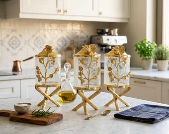Luxury Kitchen Canister Set of 3, Silver and Gold Glass Storage Jars with Metal Flower Branch, Crackled Glass Tea Coffee Sugar Container