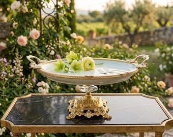 Ornate Gold Pedestal Cake Stand, Vintage Ceramic Fruit Plate with Handles, Baroque Wedding Centerpiece Tray, Luxury High Tea Serving Platter