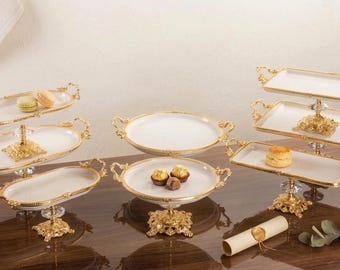 Luxe 8-delige porseleinen serveerset, goudzilver gelaagd bladdecor, elegante taartvorm, voorgerecht fruitborden op voet, luxe huiscadeau