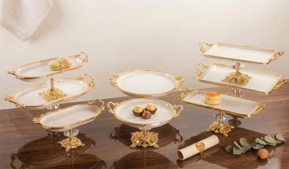 Luxury 8Pc Porcelain Serving Set, Gold Silver Tiered Tray Decor, Elegant Cake Stand, Footed Appetizer Fruit Plates, Luxury Home Gift