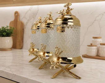 Gold Canister Set of 3, Glass Coffee Tea Sugar Containers, Luxury Kitchen Decor, Decorative Gold Jar with Stand, Housewarming Gift for Her