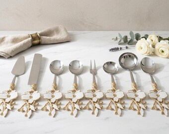 Juego de utensilios de lujo para servir, 8 piezas de acero inoxidable, mango floral, decoración de mesa, regalo de boda