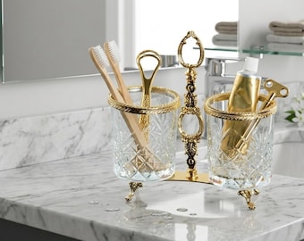 Luxury Crystal Cutlery Holder, 2 or 3 Jar Spoon Organizer, Vintage Makeup Brush Stand, Bathroom Toothbrush Tumbler, Housewarming Gift