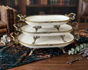 Vintage Style Footed Ceramic Serving Tray with Antique, Silver & Gold Accents – Elegant Presentation Plate for Dining Table Decor