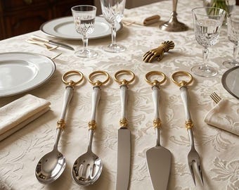 Silver and Gold 5pc Serving Utensil Set with Wall Rack, Victorian Style Luxury Cake Knife and Serving Spoon Set, Elegant Wedding Gift