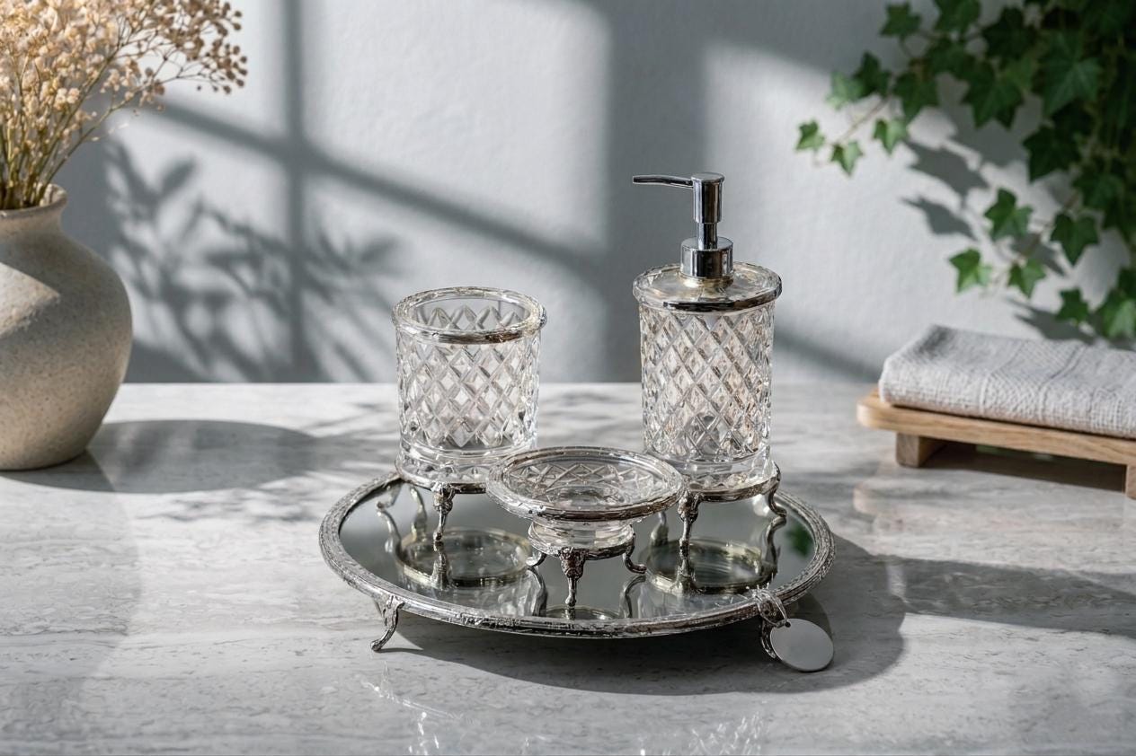 Luxus Kristallglas Badezimmer Zubehör Set mit Tablett, 4-teiliges Badezimmer Dekor Set, Seifenspender, Zahnbürstenhalter, Seifenschale