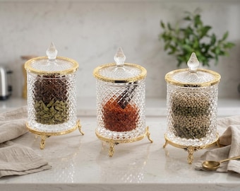 3pc Crystal Glass Canister Set, Footed Storage Jars, Coffee Tea Sugar Containers, Luxury Kitchen Decor, Vintage Jar, Housewarming Gift