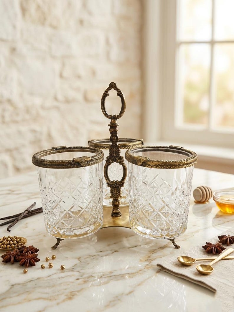 May include: A three-section serving dish with a brass-colored metal frame and handle. The clear glass containers have a diamond pattern. The dish sits on a marble surface, with spices and honey nearby.