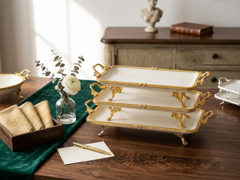 Op de afbeelding: Dienbladen met drie niveaus met witte oppervlakken en goudkleurige randen en handgrepen. De rechthoekige trays staan op sierlijke goudkleurige poten. Een gouden pen en een blanco kaart liggen op tafel.