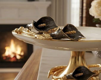 Porcelain Fruit Bowl with Gold Pedestal Tray, Black Calla Lily Cake Stand, Luxury Centerpiece for Coffee Table, Elegant Housewarming Gift