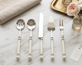 5-Piece Stainless Steel Serving Set with White Porcelain Handle, Elegant Gold Cake Server, Slotted Spoon, Meat Fork, Luxury Wedding Gift