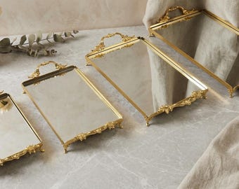 Gold & Silver Mirror Vanity Trays - Elegant Vintage Metal Serving and Perfume Tray Set for Luxury Home Decor and Housewarming Gifts