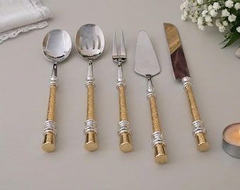 Gold and Silver 5pc Serving Utensil Set, Elegant Stainless Steel Hostess Flatware, Luxury Cake Server Set, Vintage Antique Table Decor