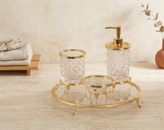 Luxury Crystal Glass Bathroom Accessories Set with Tray, 4 Piece Footed Bathroom Decor Set, Soap Dispenser, Toothbrush Holder, Soap Dish