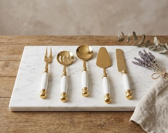 5-Piece Stainless Steel Hostess Set with Oval Porcelain Handle, Gold Cake Server and Knife Set, Slotted Spoon, Luxury Housewarming Gift