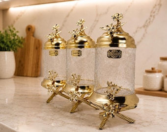 Gold Canister Set of 3, Glass Coffee Tea Sugar Containers, Luxury Kitchen Decor, Decorative Gold Jar with Stand, Housewarming Gift for Her