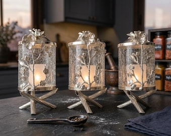 Luxury Kitchen Canister Set of 3, Silver and Gold Glass Storage Jars with Metal Flower Branch, Crackled Glass Tea Coffee Sugar Container