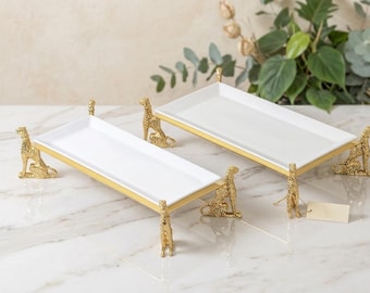 Juego de 2 bandejas de porcelana con estampado de leopardo, bandeja para servir con huellas de guepardo doradas, tabla de quesos de lujo, platos elegantes para aperitivos, ideas para regalos de inauguración de casa