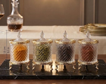 Set of 4 Victorian Crystal Glass Jars, Gold Silver Antique Spice Containers, Elegant Kitchen Decor, Tea Sugar Candy Jar Set