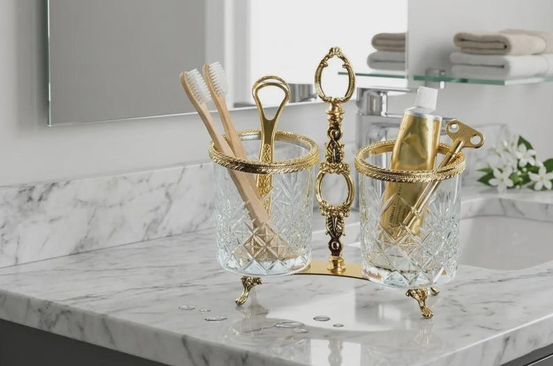 May include: A decorative bathroom organizer with two crystal glasses, each with a gold rim and ornate gold feet. One glass holds toothbrushes, the other holds a tube of toothpaste and a key. A gold stand connects the glasses.