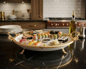 Luxe porseleinen serveerschaal met goud omrande, elegante serveerschaal op voet, vintage huwelijkscadeau, luxe tafeldecor