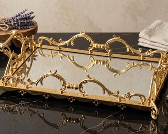 Vassoio a specchio grande oro e argento 49 x 32 cm (19x12,5”), vassoio di lusso per pouf, organizer per profumi da toeletta, decorazione per matrimoni
