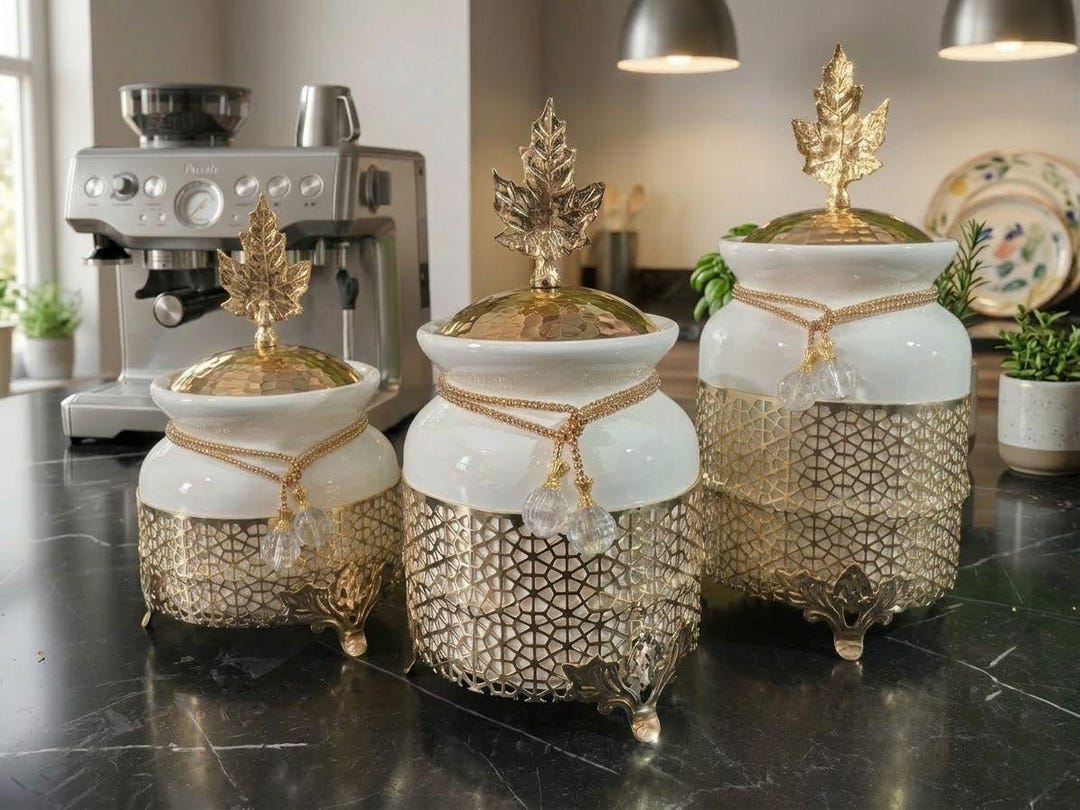 Luxury Porcelain Canister Set of 3, Gold Silver Kitchen Canisters