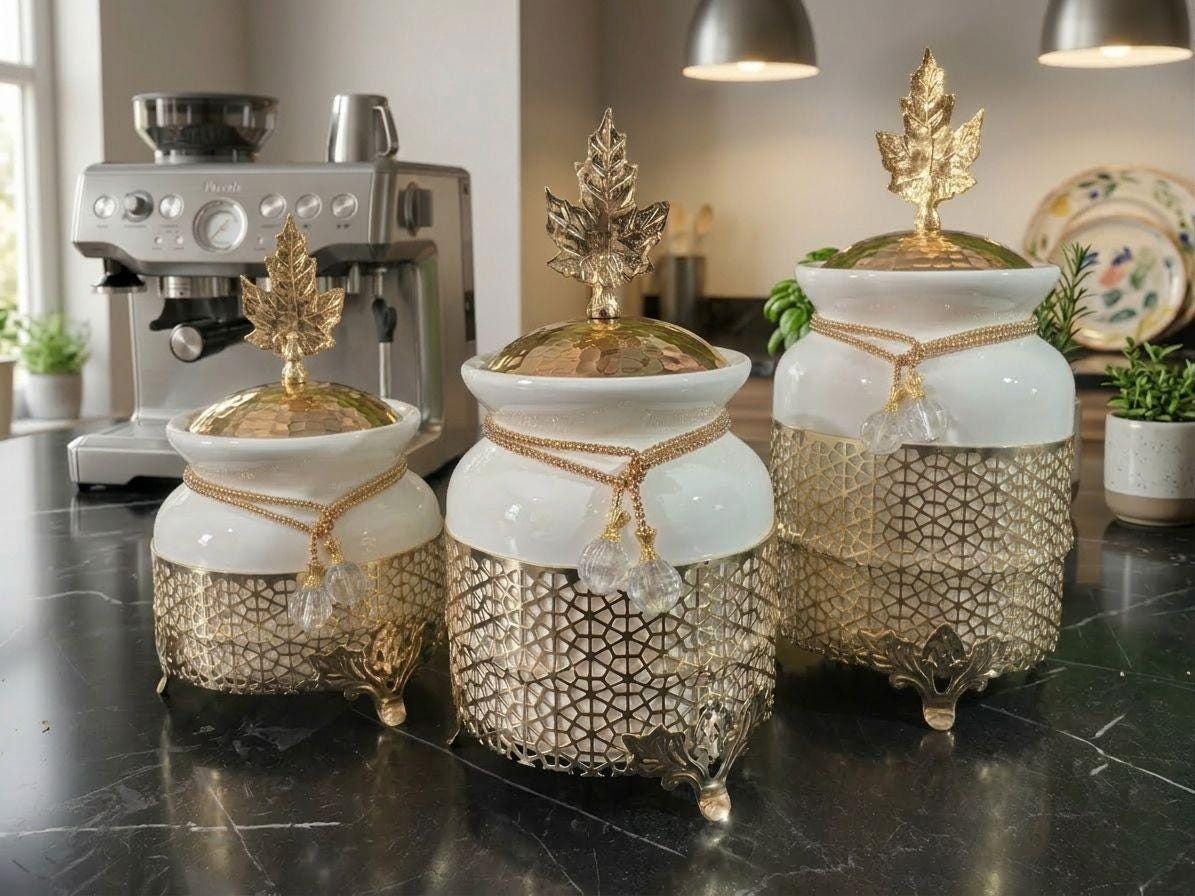Luxury Porcelain Canister Set of 3, Gold Silver Kitchen Canisters