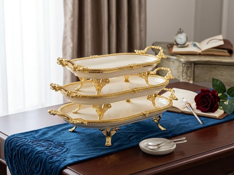 Op de afbeelding: Een serveerschaal met drie niveaus, met een cr&egrave;mekleurig oppervlak en gouden randen. De ovale schalen worden ondersteund door sierlijke gouden poten. De handgrepen zijn ook goudkleurig. De schalen zijn gestapeld op een donkere houten tafel met een blauwe loper.