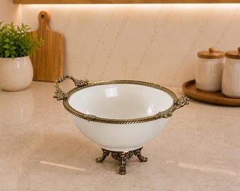 Luxury Porcelain Pedestal Serving Bowl with Ornate Metal Base, 26cm Elegant Salad Mezze Bowl, Wedding Gift, Table Centerpiece, Fruit Bowl
