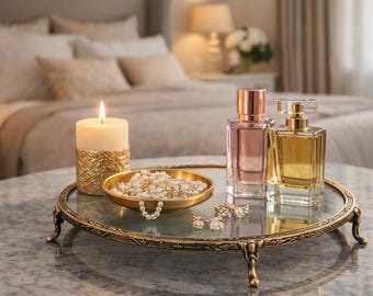 perfume tray for dresser gold Vintage Vanity Tray for Dresser Perfume Storage Decorative Mirrored Glass Tray Room Decor, Bedroom, Bathroom, French Country Antique Decorative Mirror