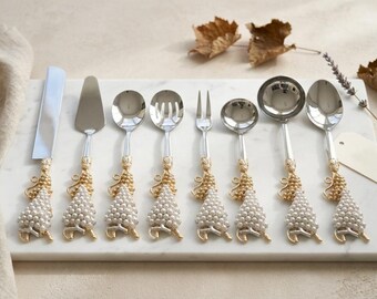 Gold Grape Serving Utensil Set 8 Pc, Pearl Cake Server Knife Set, Luxury Wedding Gift, Elegant Dining Decor, Dinner Party Flatware