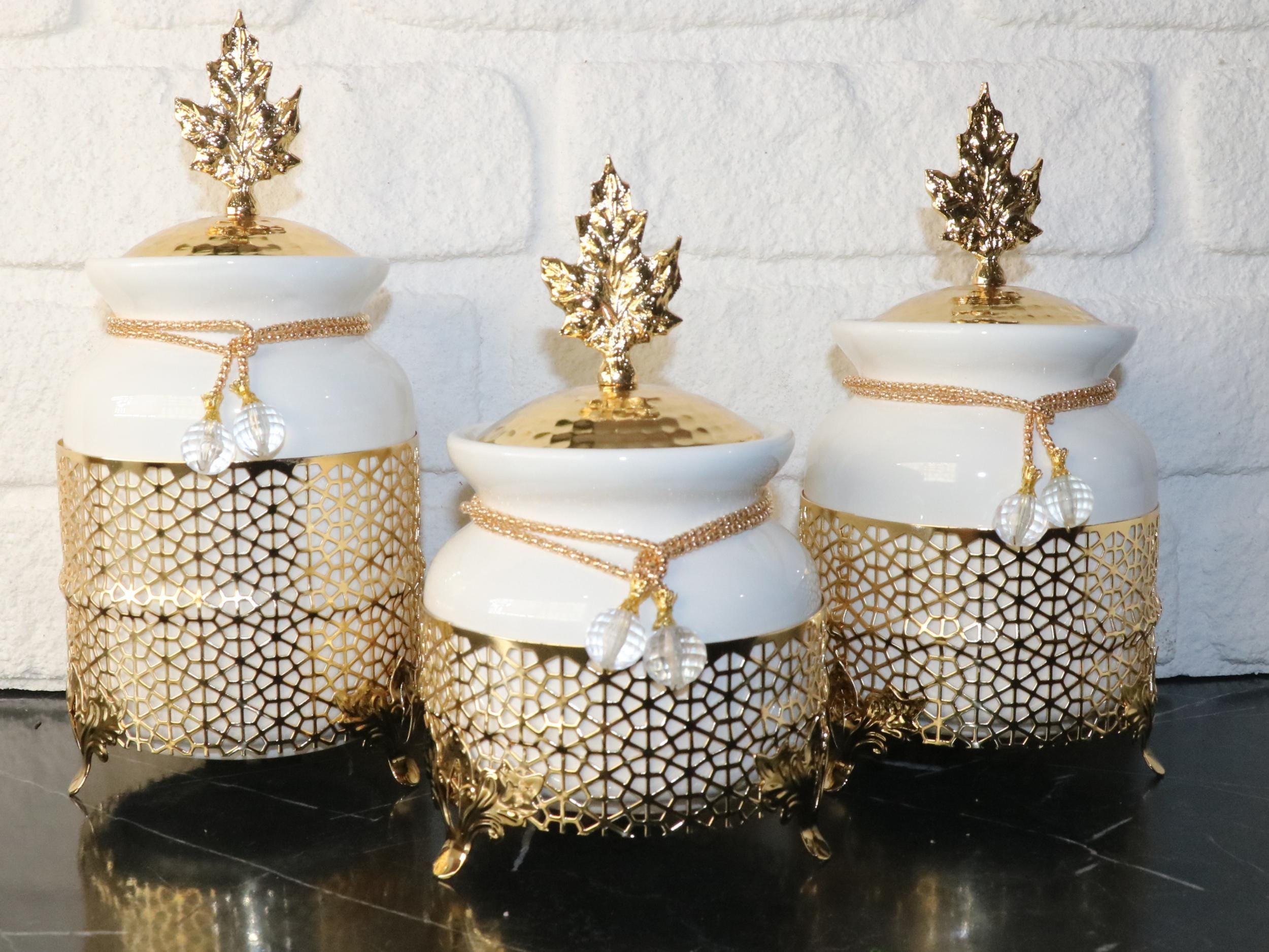 3-piece Gold Kitchen Storage Canister Set - 2.25L Ceramic for