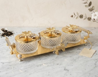 Juego de cuencos dorados para salsa con bandeja, tarros de especias de cristal con tapa, recipientes de condimentos de lujo con forma de mariposa, elegante juego de servir, regalo de inauguración de casa
