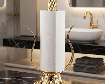 Gold Ornate Paper Towel Holder, Crystal Finial, Vintage Kitchen Countertop Decor
