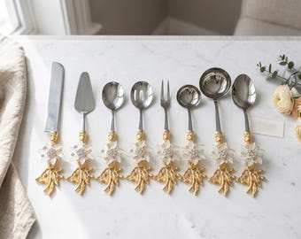 8 Piece Gold Floral Serving Utensil Set, Stainless Steel Kitchen Serving Set, Luxury Dining Table Decor, Wedding & Housewarming Gift