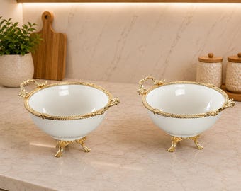 Luxury Porcelain Pedestal Serving Bowl with Ornate Metal Base, 26cm Elegant Salad Mezze Bowl, Wedding Gift, Table Centerpiece, Fruit Bowl