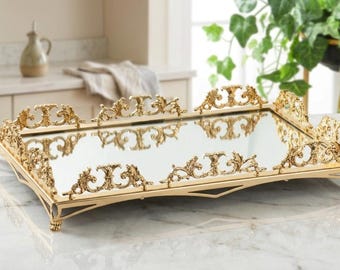 Vassoio a specchio grande oro e argento 49 x 32 cm (19x12,5”), vassoio di lusso per pouf, organizer per profumi da toeletta, decorazione per matrimoni