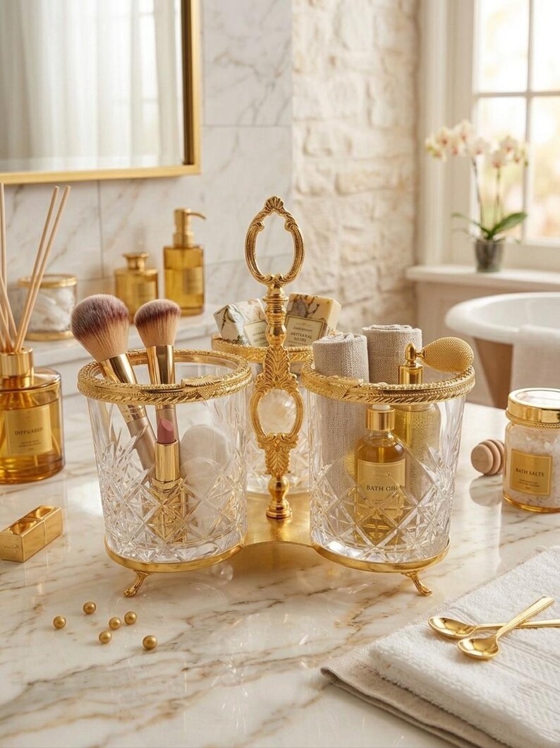 May include: A gold-toned vanity organizer with two clear, cut-glass containers. One holds makeup brushes and cotton swabs, the other a perfume bottle. The organizer has a decorative handle and sits on a marble countertop. Other gold accessories are also visible.