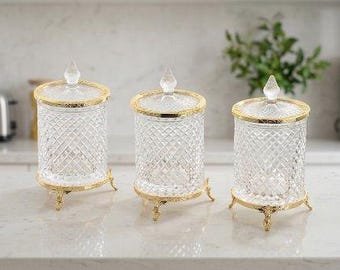 Crystal Cut Glass Canister Set – Footed Kitchen Storage Jars (1.2L)