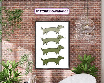 May include: A printable digital download of a minimalist art print featuring four green dachshunds in a row. The print is framed and hanging on a brick wall.