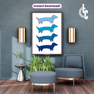 Dachshund Blue Wall Art | Printable Home Decor | Wiener Dog Lover Gift | Animal Artwork Print | Sausage Dog Poster | Digital Download