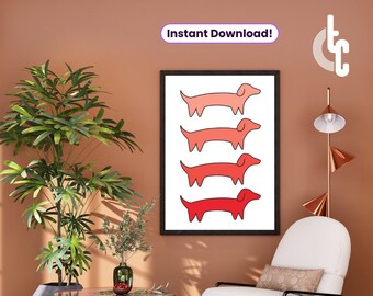 Dachshund Red Wall Art | Printable Home Decor | Wiener Dog Lover Gift | Animal Artwork Print | Sausage Dog Poster | Digital Download