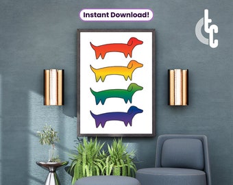 arte da parede do arco-íris do Dachshund | Decoração de casa para impressão | Presente do amante do cão Wiener | Impressão de arte animal | cão de salsicha pôster | Baixar arte digital