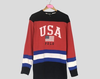 Vintage Rare USA POLO By Ralph Lauren Crewneck Striped Sweatshirt Big Logo USa Polo RL Jumper Pullover Polo Sweater Unisex Sweater X-Large