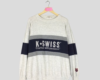 Seltenes K-SWISS Crewneck Gestreiftes Sweatshirt Großes Logo K-Swiss Handarbeit mit Leidenschaft Pullover K-Swiss Pullover Unisex XL Größe