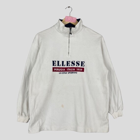 Vintage Rare ELLESSE Quarter Zipper Sweatshirt Big Logo ELLESSE Jumper Pullover ELLESSE Sweater White Colour Unisex Large Size