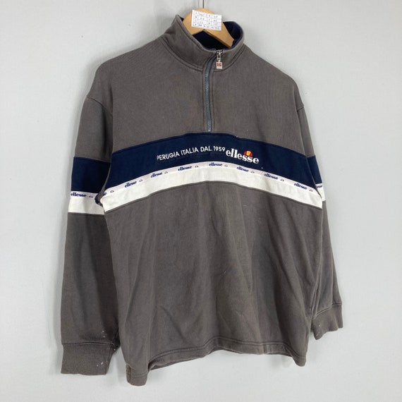 Vintage Rare ELLESSE Quarter Zipper Striped Sweatshirt Big Logo Ellesse Jumper Pullover Ellesse Sweater Grey Colour Unisex Large Size